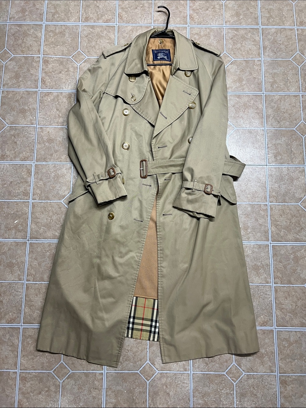 Burberry Beige Double-Breasted Trench Coat with Check Lining